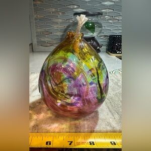 Beautiful Hand Blown Glass Oil Lamp Round Orb Swirl Amber Purple Green 4.5”T